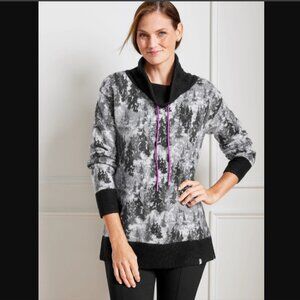 NWOT Talbots Funnel Neck Sweater Snowy Trees Comfy Sweater Purple drawcord Grey
